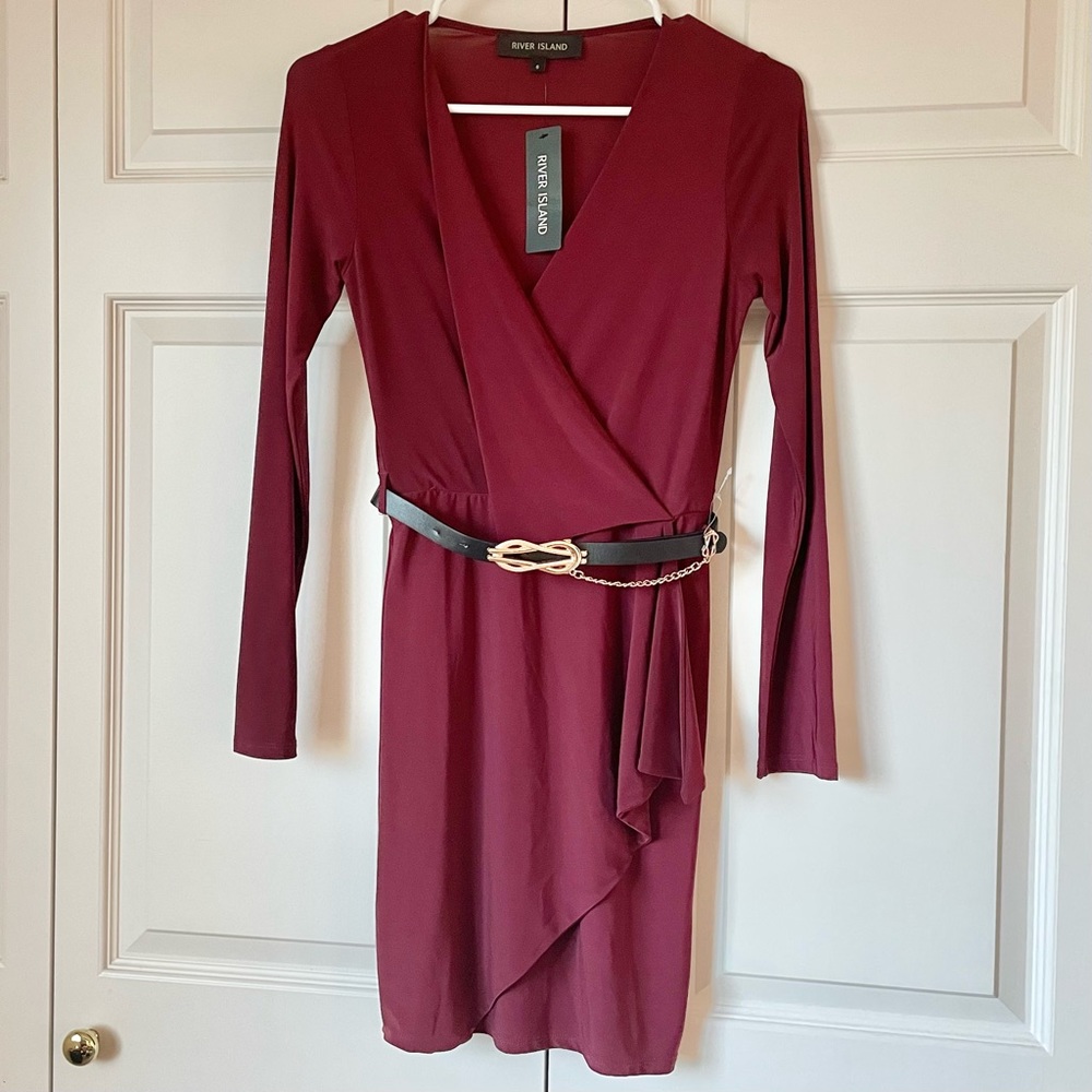 River island faux wrap slinky dress with accent belt size 2US womens